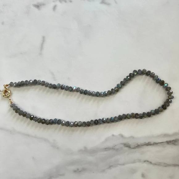 Genuine Labradorite Gemstone Bead Silk Knot Necklace Gold Filled Clasp - Picture 4 of 7